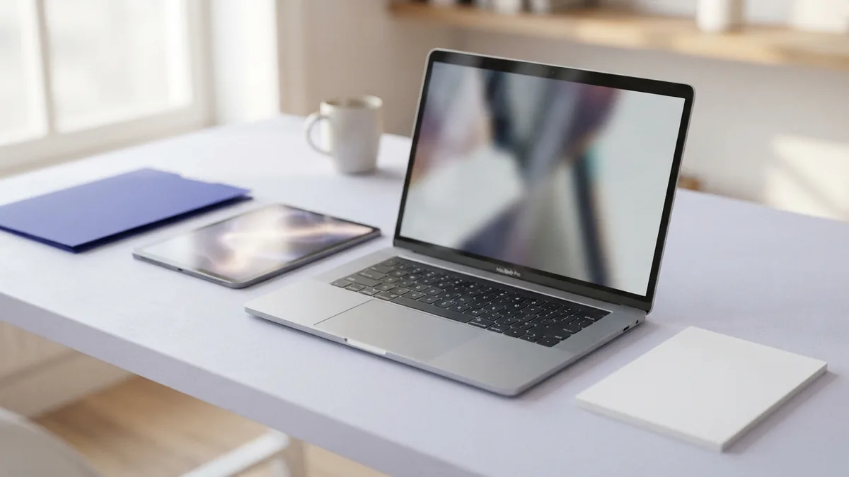Laptop and blank documents arranged for sharing a PDF through cloud storage