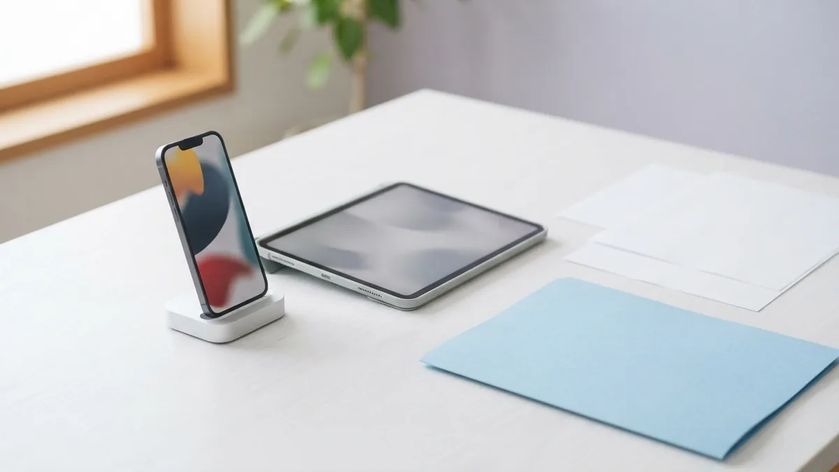 Phone and tablet beside blank pages for turning PDF content into video