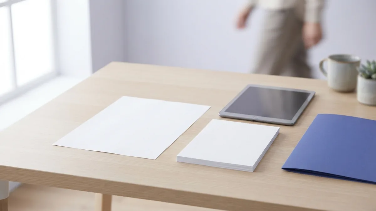 A compact paper-saving print setup A small stack of blank sheets beside one page, showing a compact paper-saving print setup