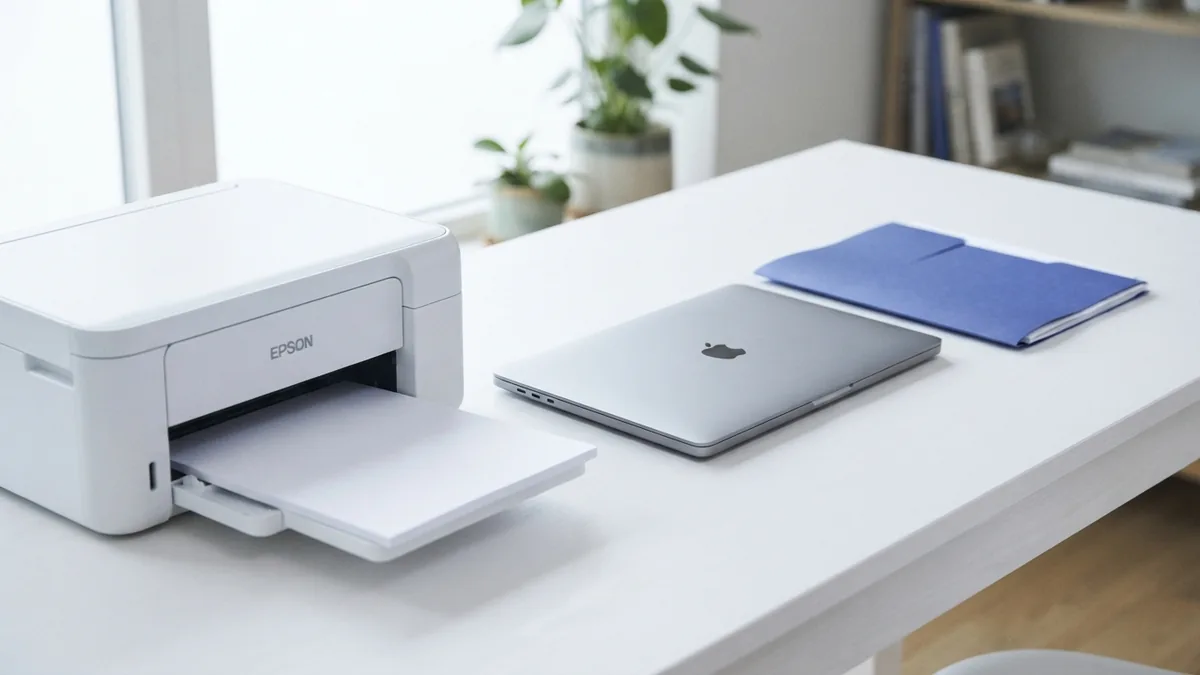 Blank paper beside a laptop and printer tray for setting up a multiple-page print