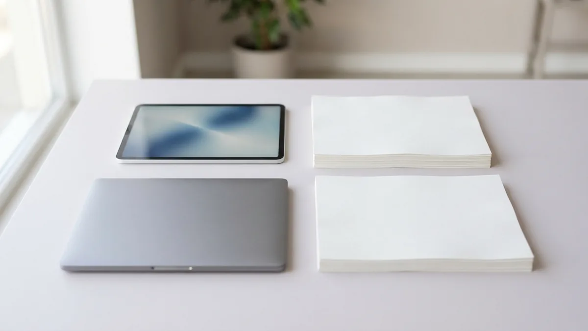 A four-page print layout Four blank sheets in a two-by-two grid beside a tablet and laptop