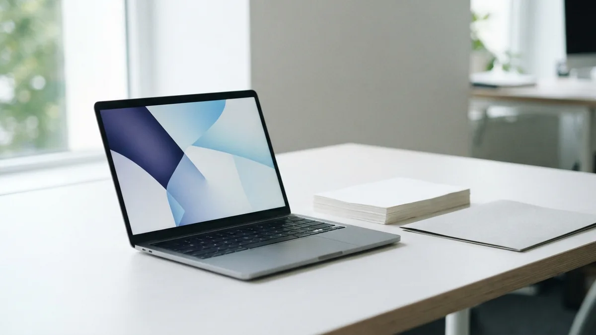 Laptop beside blank paper and a folder, representing a Windows workflow for printing several PDF files