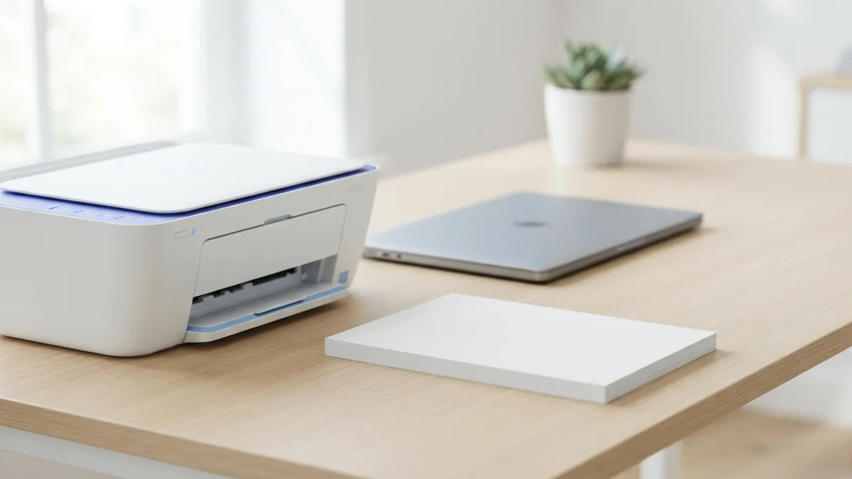 Printer and laptop for document batches Compact printer and laptop beside blank paper for managing a batch of documents
