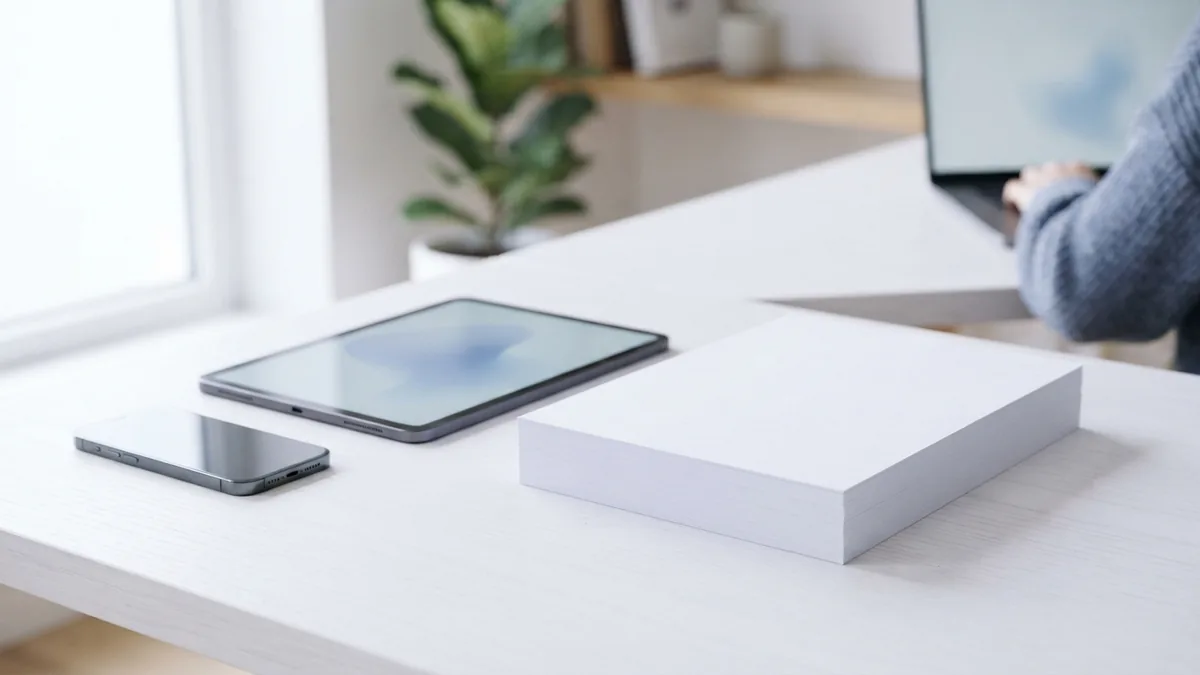 Tablet, phone, and blank sheets arranged to suggest uploading a document for printing