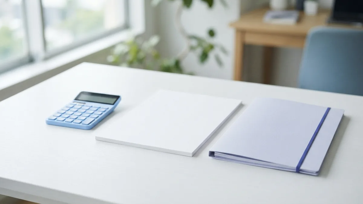 Planning print costs Blank paper, calculator, and folder arranged for planning document printing costs