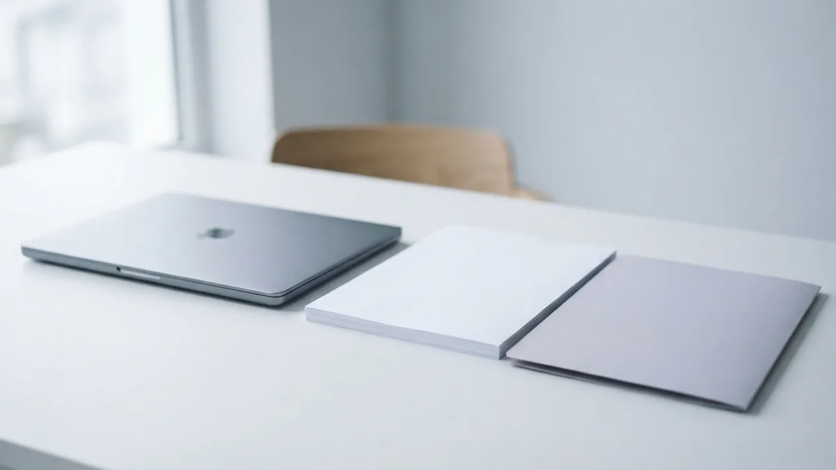 Closed laptop and blank papers arranged to suggest PDF merge limits