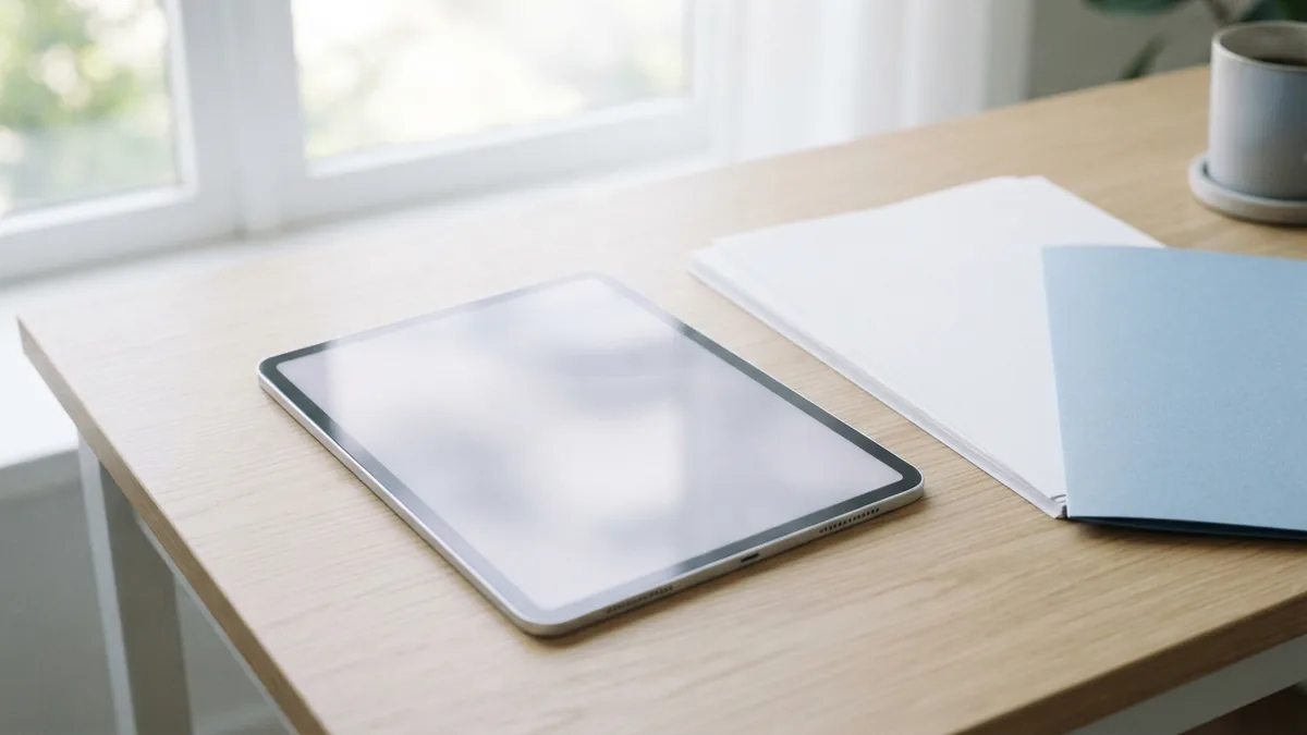 A tidy setup for merging PDF files Tablet and blank documents set up for a careful PDF merge