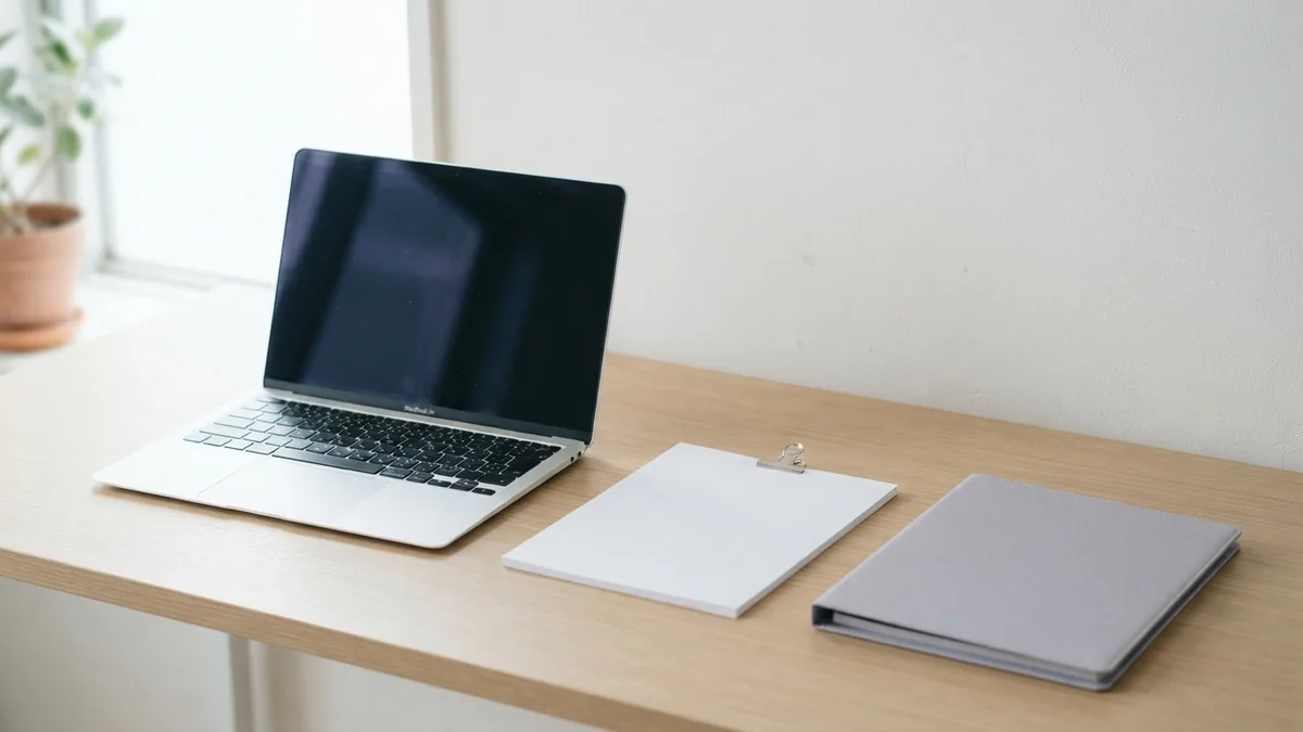 Email records ready for PDF storage Laptop beside blank papers and a folder, showing a simple approach to digital document storage
