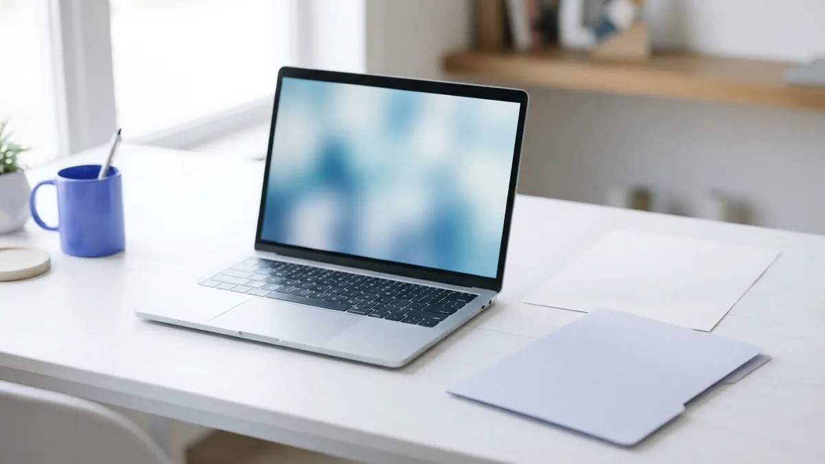 A simple desk setup for manual conversion Laptop and blank paper on a tidy desk for saving individual emails as PDF files
