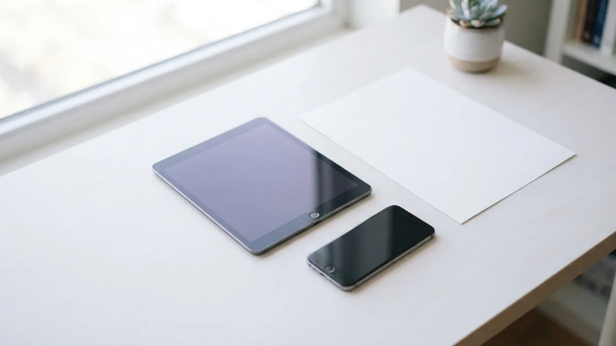 Built-in PDF reading tools Tablet and phone arranged beside blank pages for built-in PDF reading