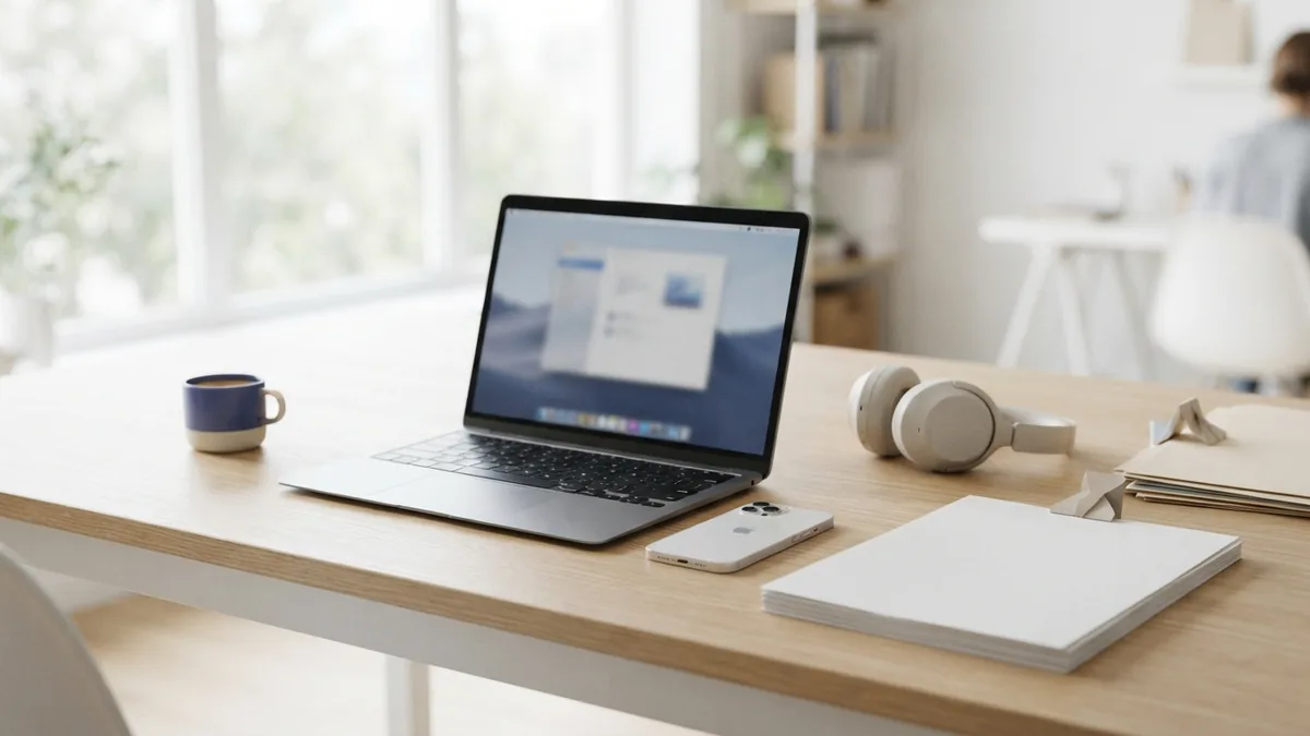 Laptop, phone, and headphones beside blank pages for PDF listening
