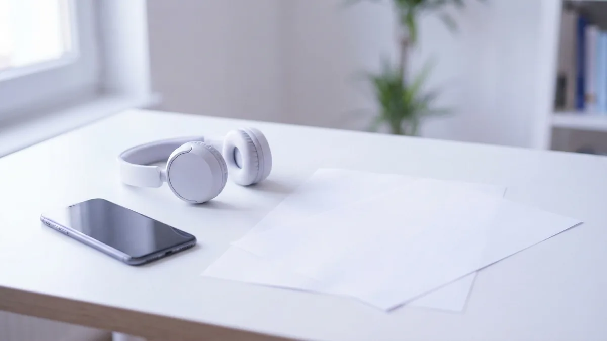 Phone and headphones on a bright desk beside blank reading pages