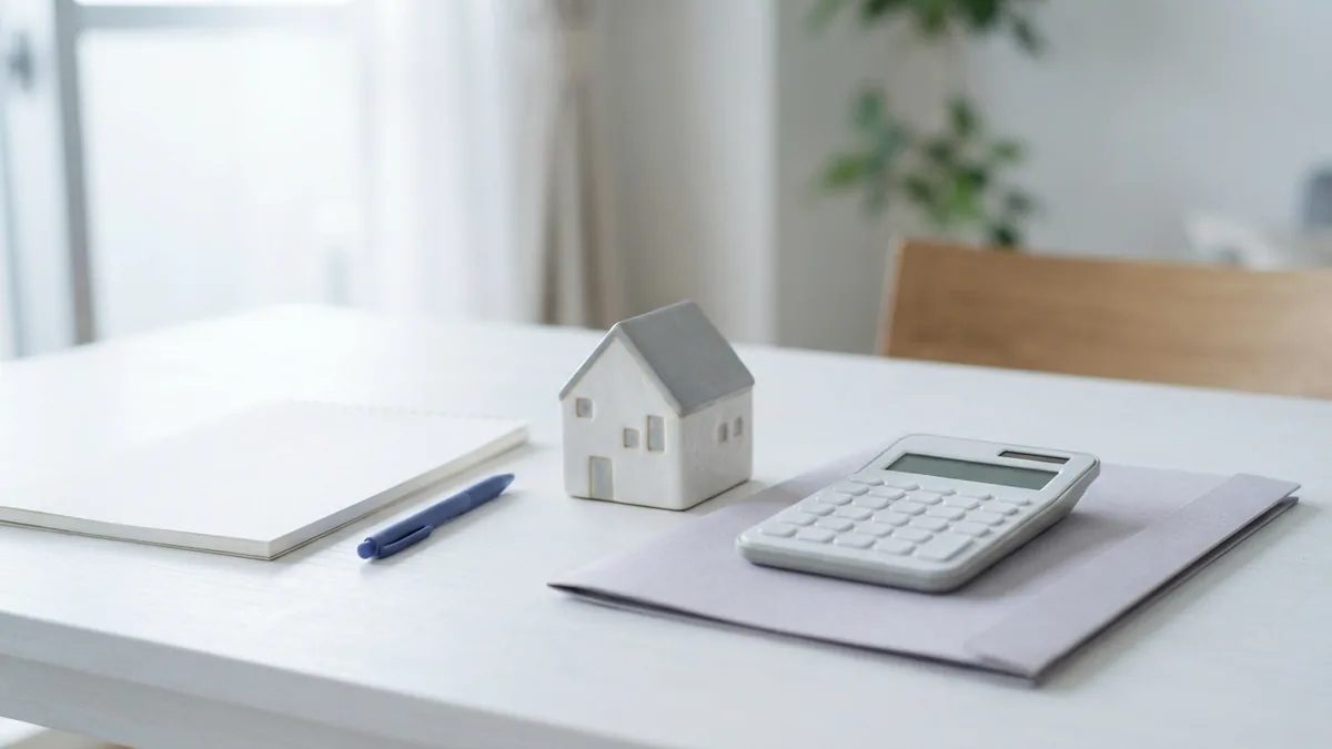 A home model and simple desk tools representing rental income and long-term property value