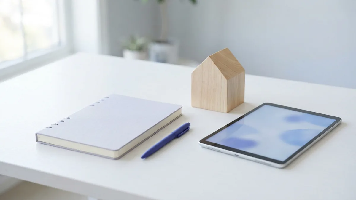 A blank notebook and house model set out for a real estate investment plan