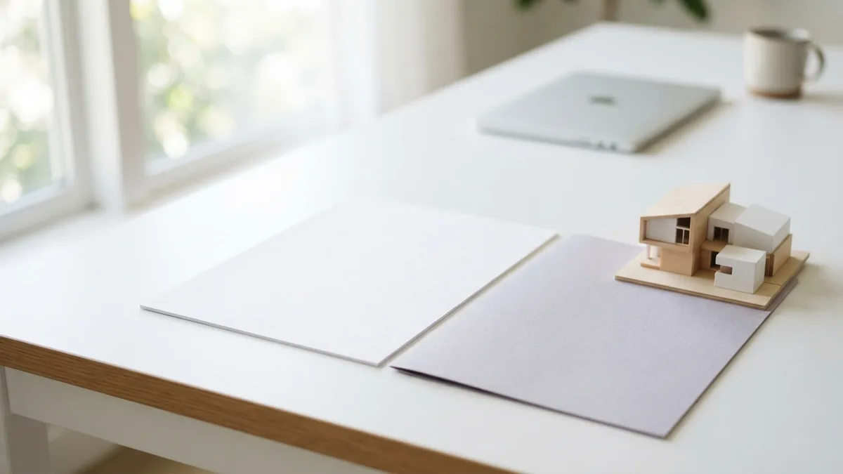 A house model and blank papers arranged for reviewing a local property market