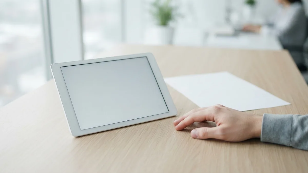 Tablet and blank paper set up for a careful document review