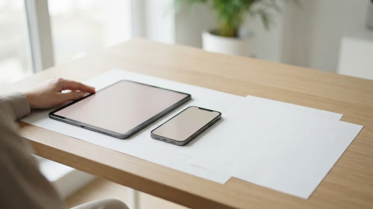 Tablet, phone, and blank sheets on a bright desk for file handling