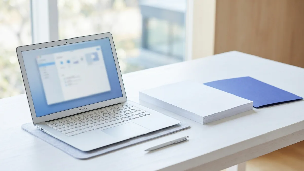 Laptop beside blank paper and an indigo folder during document cleanup
