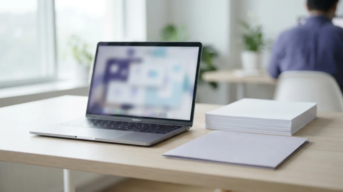 Laptop and blank papers arranged for rotating a single PDF page with an online tool