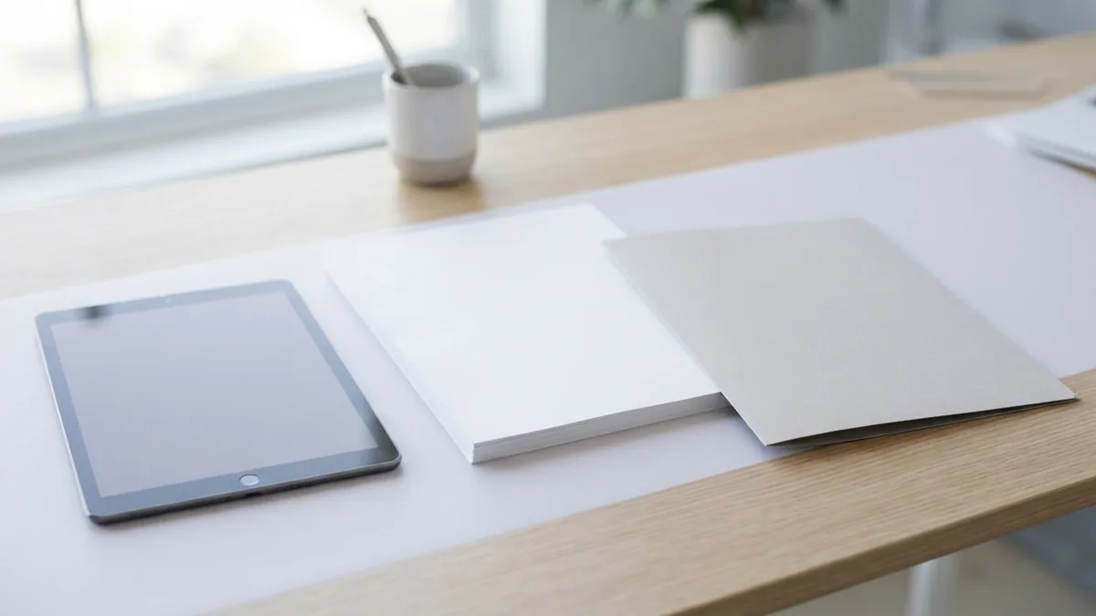 Blank pages and a tablet arranged to represent saving a rotated PDF copy