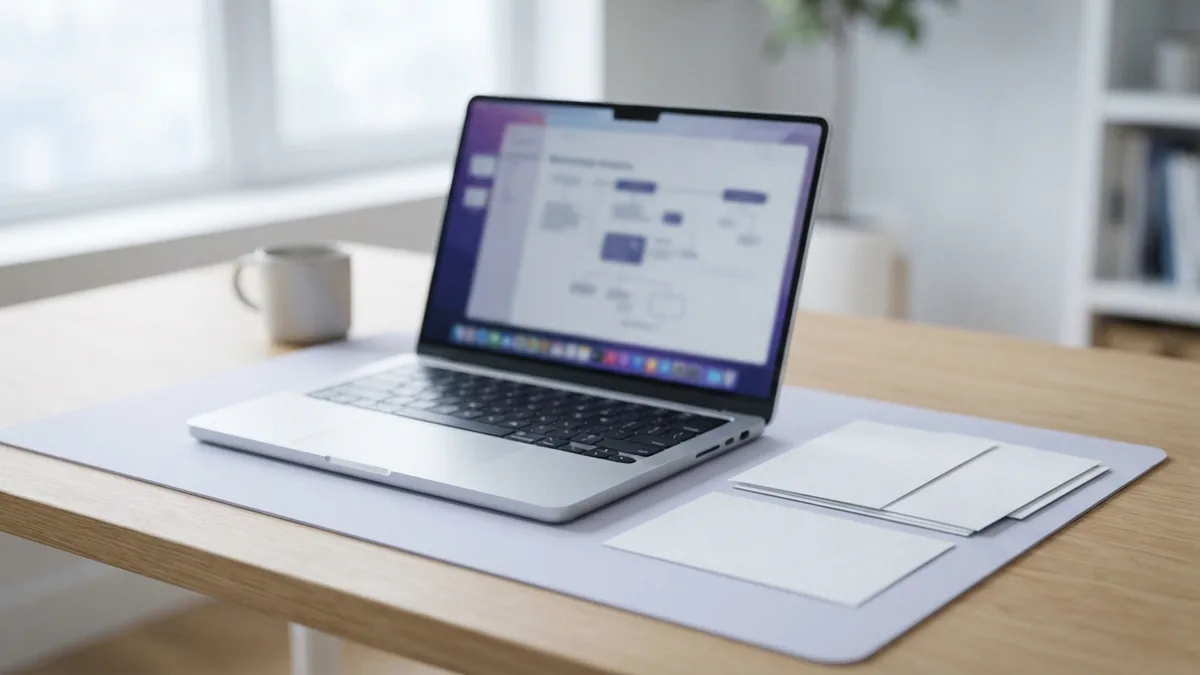One sideways sheet among upright pages beside a laptop, showing selective page rotation