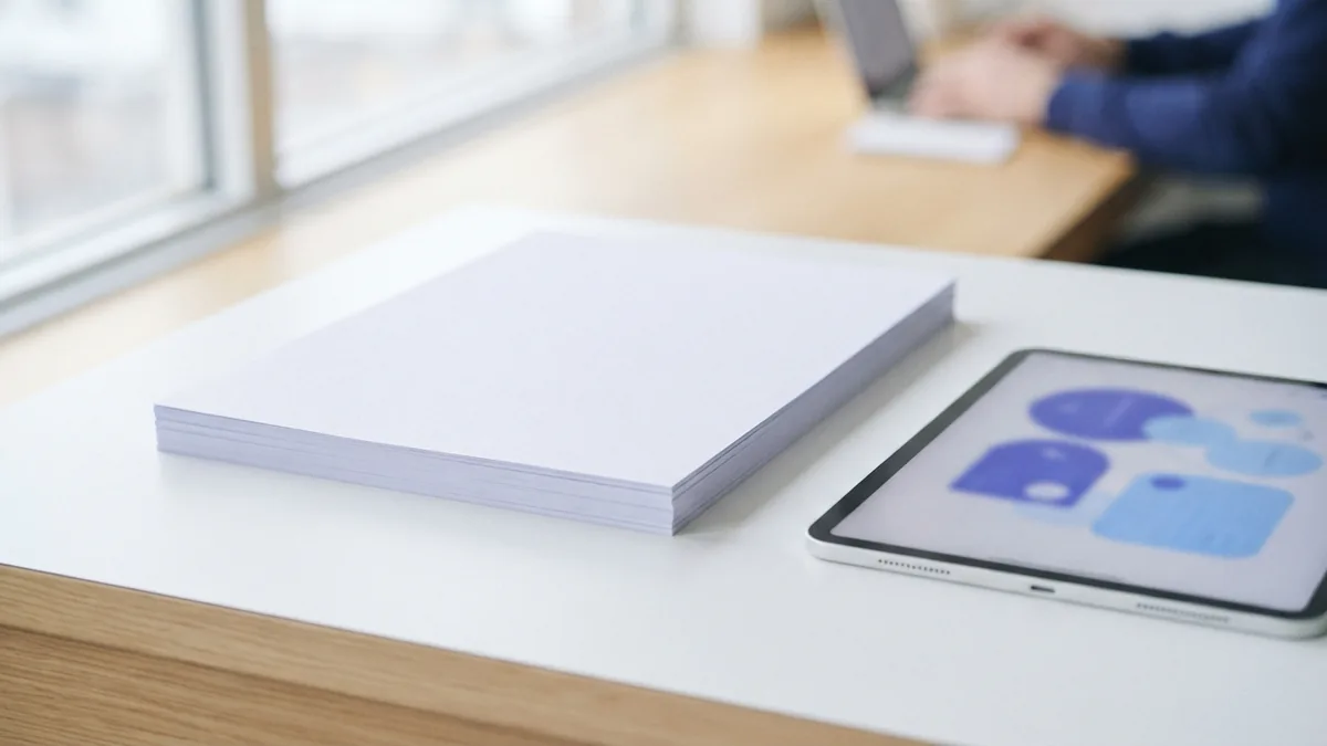 A stack of matching sheets turned to landscape beside a tablet