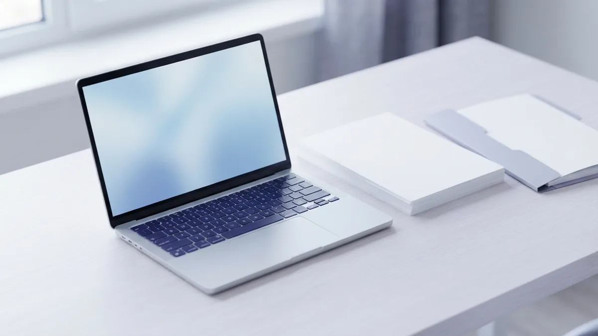 Laptop beside blank pages while preparing a text-based PDF for translation