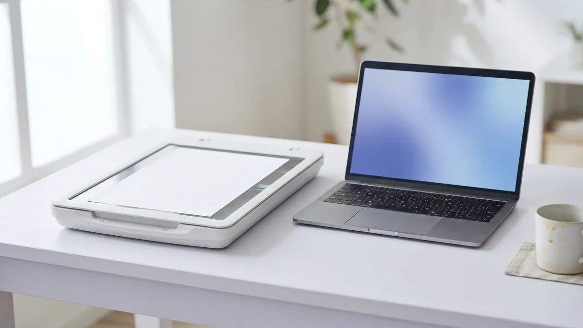 Blank page beside a scanner and laptop for preparing a scanned PDF