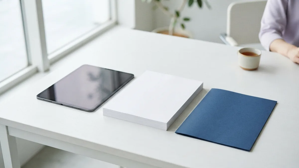 A simple workspace for PDF file tasks Tablet and blank paper sheets arranged neatly on a pale desk