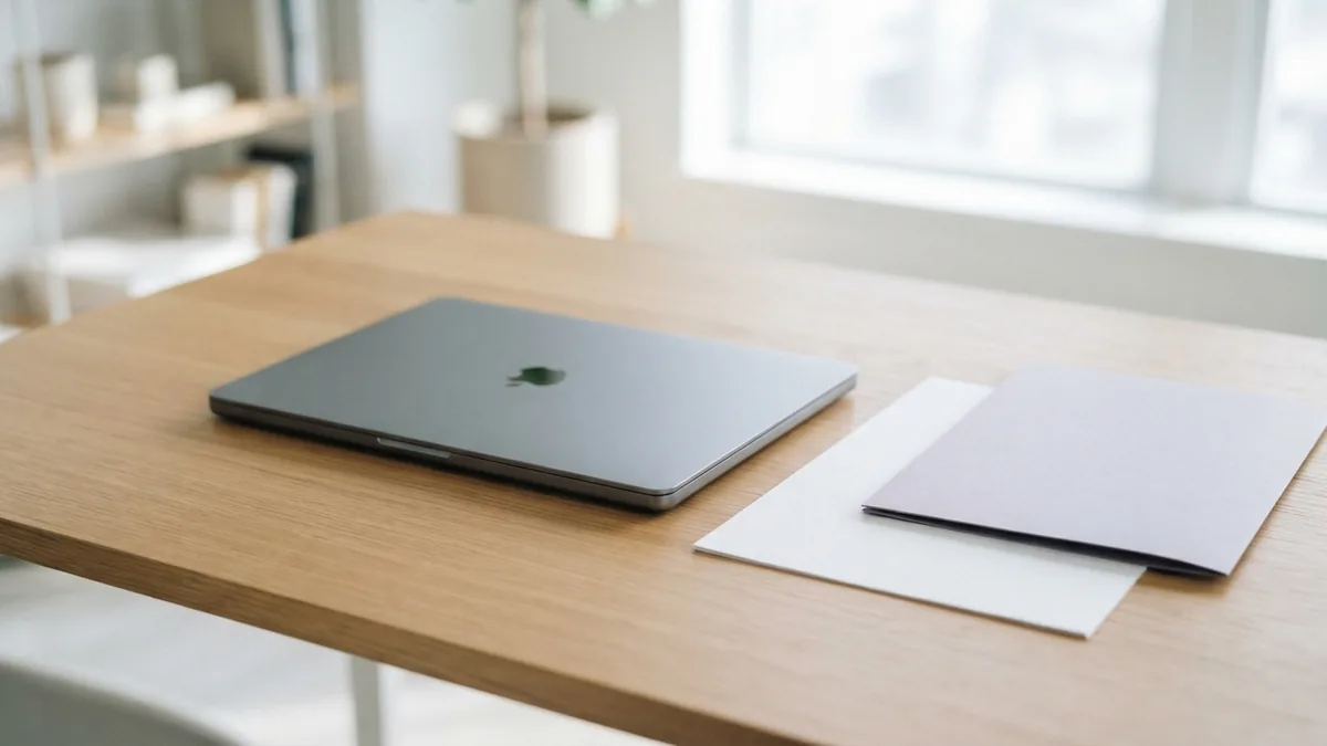 Closed laptop, blank paper, and lavender folder in a bright workspace