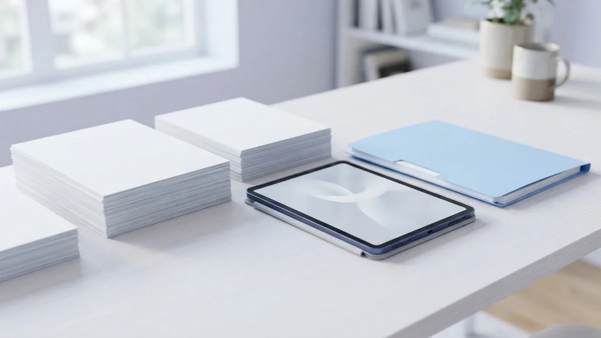 A neat setup for handling several files Stacks of blank paper beside a tablet and blue folder on a tidy desk