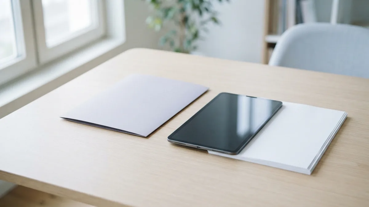 A tablet beside blank paper and a folder in a bright, tidy work area