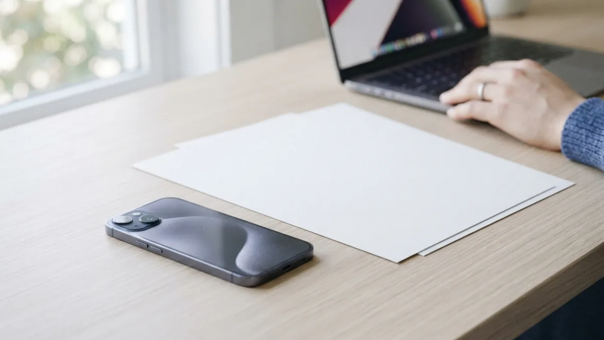 Set up a phone scan Smartphone beside blank paper on a bright, uncluttered surface