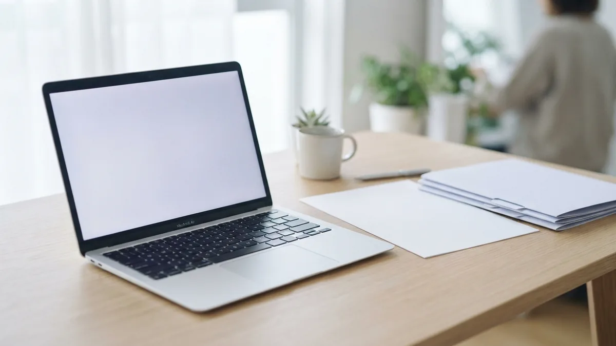 Laptop and blank paper sheets arranged on a bright desk for file conversion