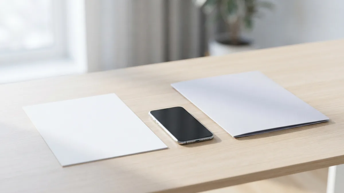 Blank document aligned beside a phone and folder on a clean desk