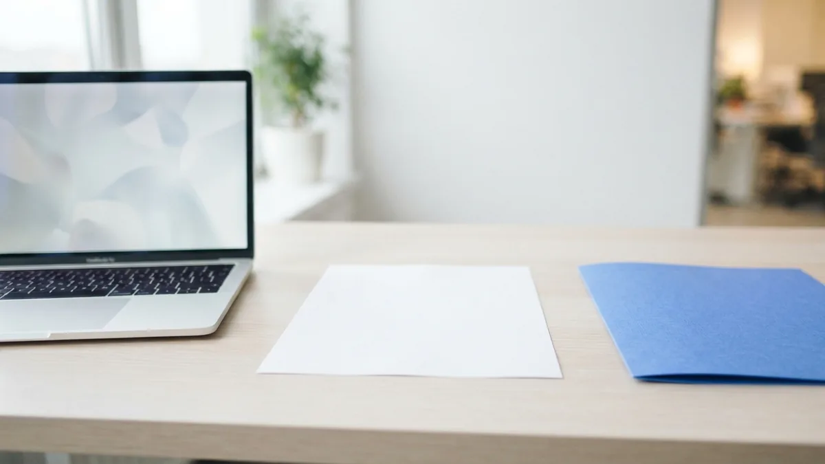 Save a workbook as a PDF Laptop with blank paper and blue folder for saving a workbook as a PDF
