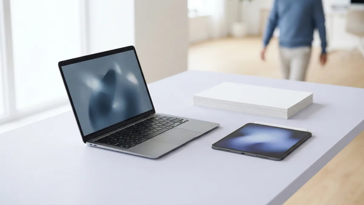 Laptop, tablet, and blank papers arranged for exporting an Excel file
