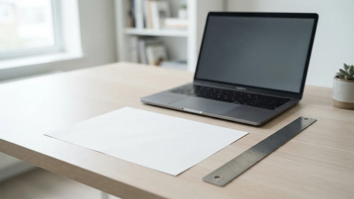 Blank sheet beside laptop showing a careful one-page document layout task