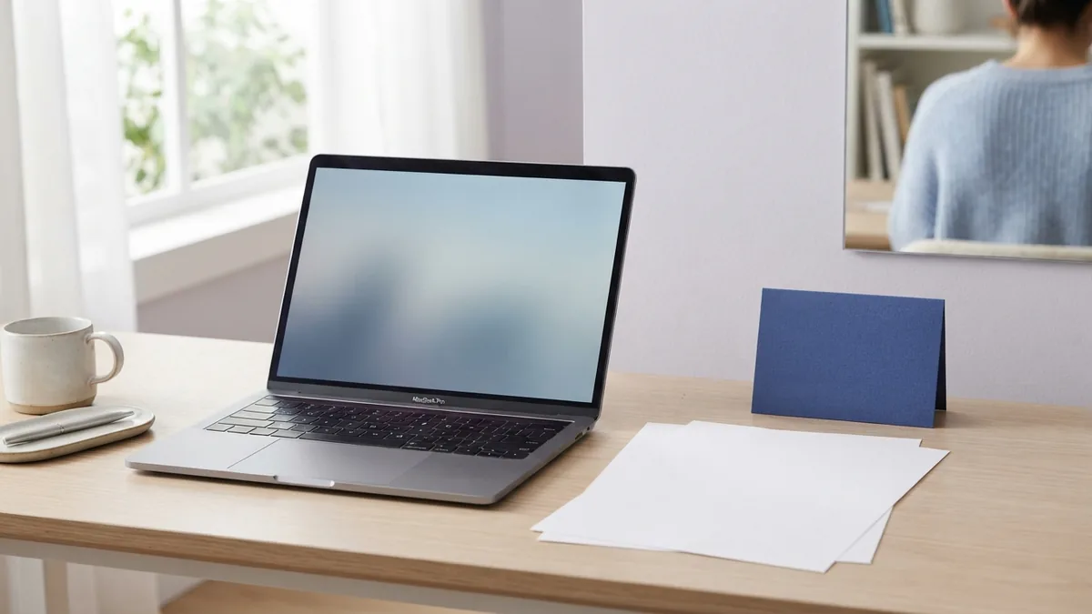 Laptop and blank document on a tidy desk for saving a Word file as PDF