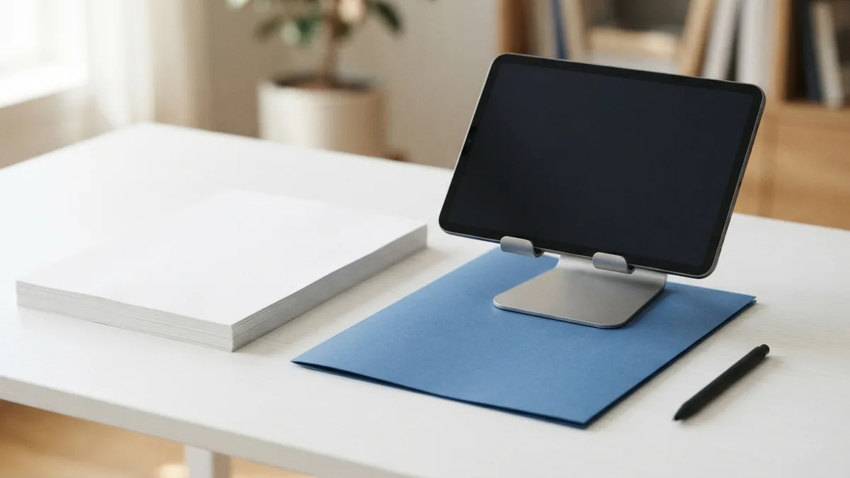 Office files ready for PDF export Tablet, blank papers, and folder representing PowerPoint and Excel PDF exports