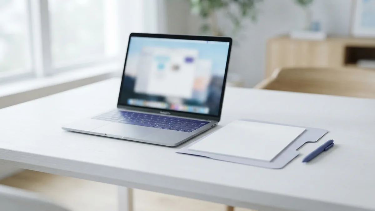 Laptop and folder on a bright desk for saving Gmail messages as PDF files