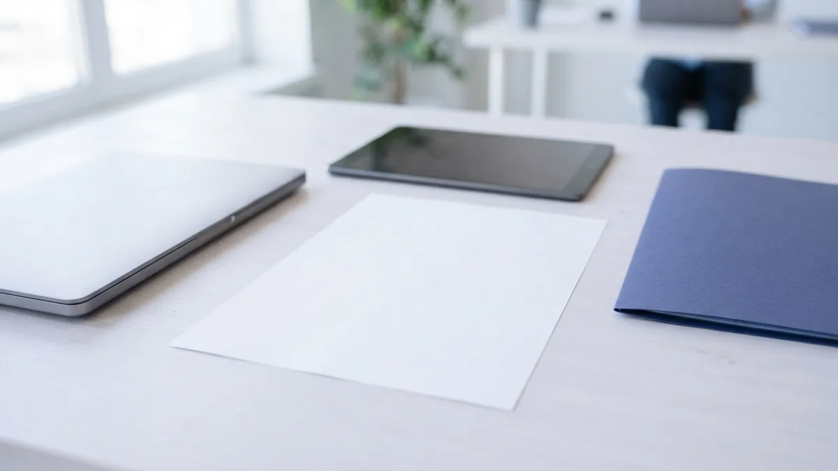 Neat desk for saving Outlook messages Laptop and tablet beside a folder for saving Outlook messages as PDF files