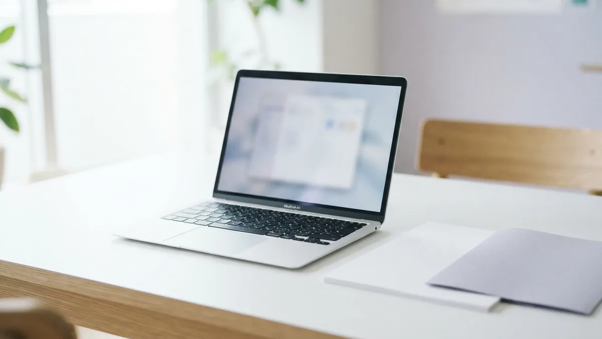 Laptop and folder on a bright desk for turning email records into PDFs
