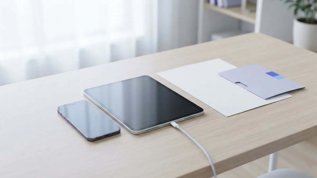 Mobile setup for saving email files Phone, tablet, and blank folder arranged for saving email files on the go