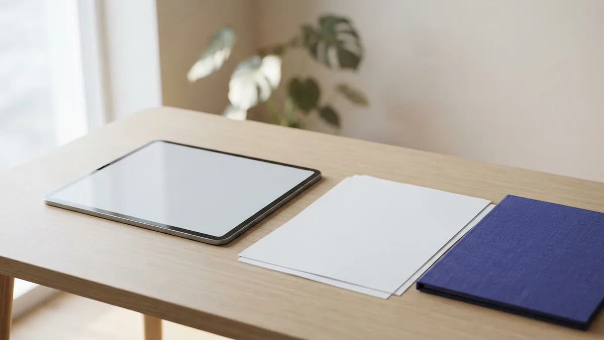 Tablet with blank document sheets and a folder in a bright workspace