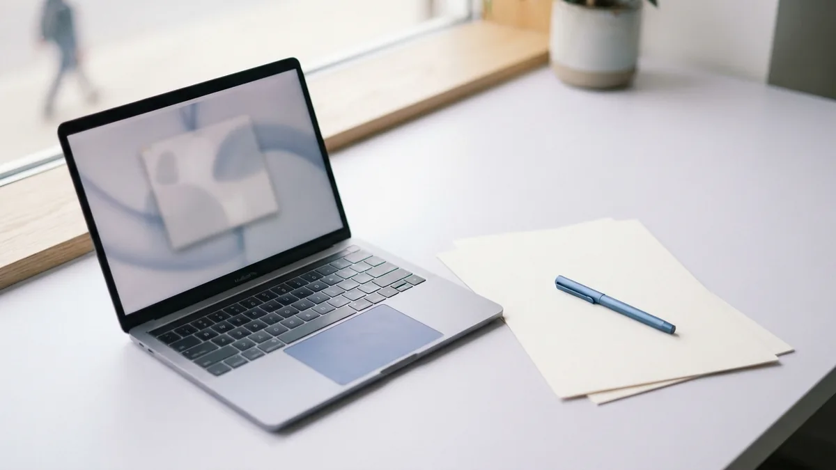 Workspace for filling a PDF form Laptop and blank forms arranged for filling out a PDF on a bright desk