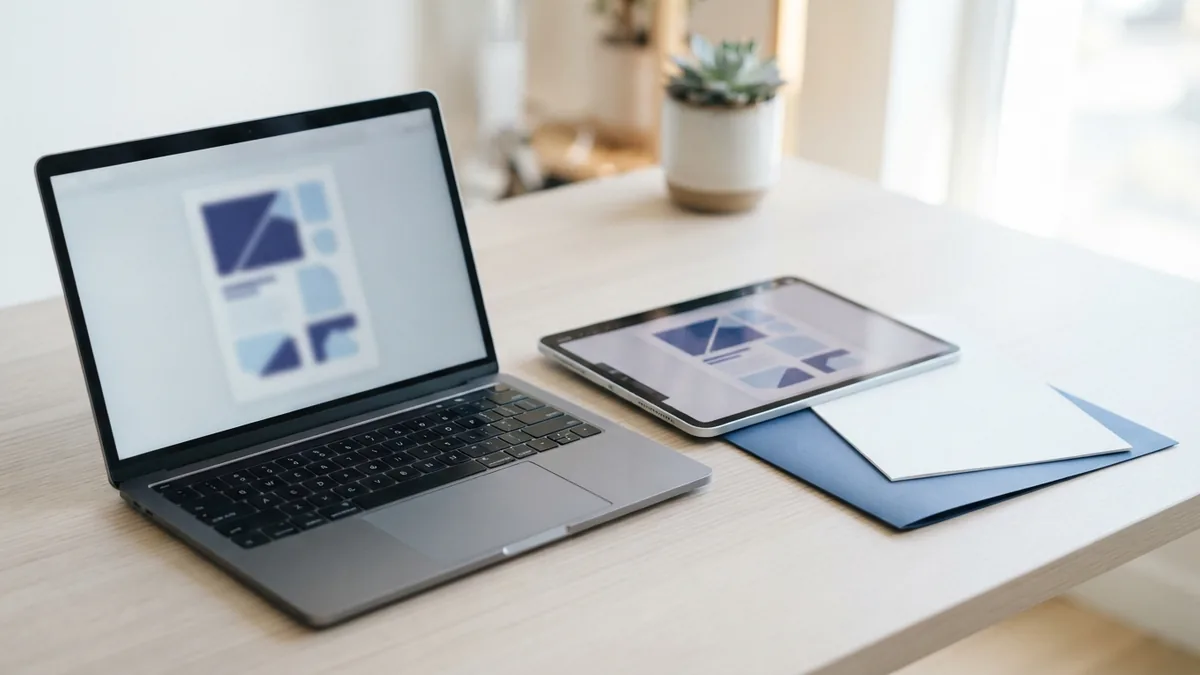 Multi-device PDF saving workspace Laptop and tablet beside a blue folder for managing PDF documents
