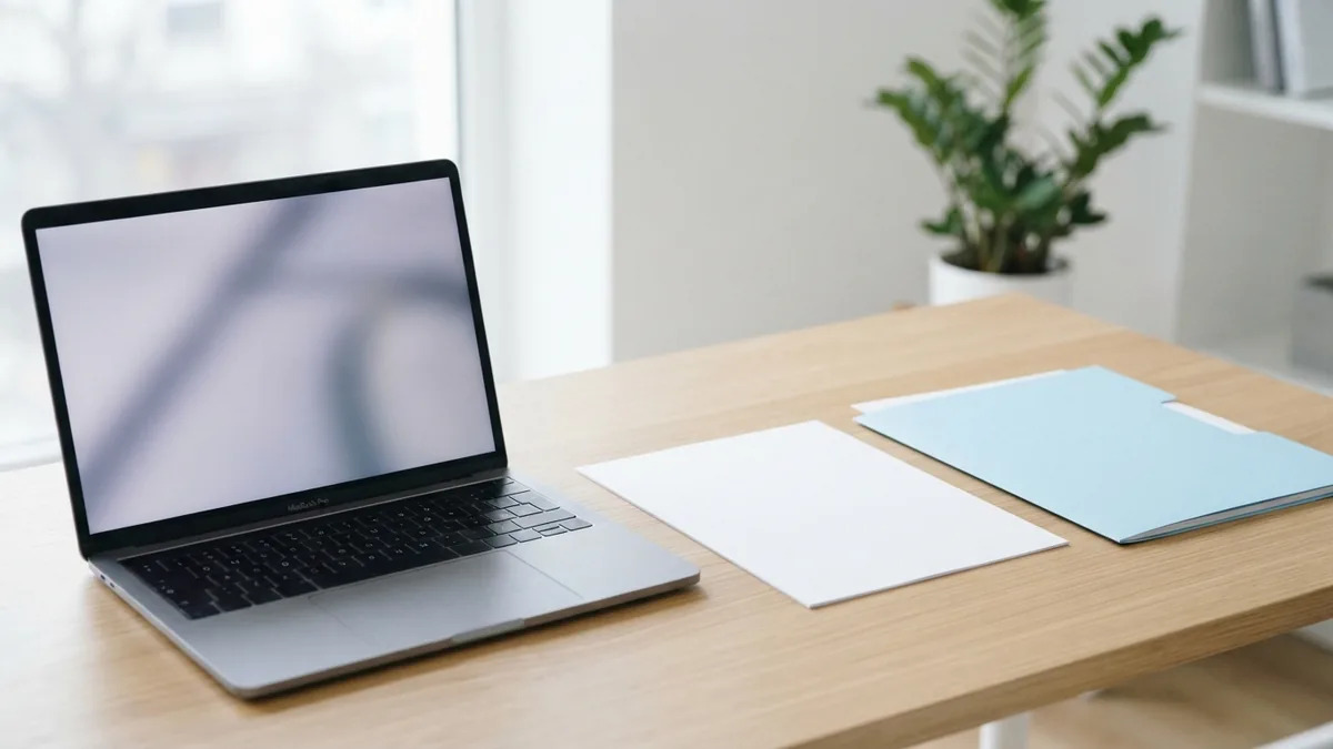 Laptop beside blank paper and a blue folder for preparing an Excel sheet before saving
