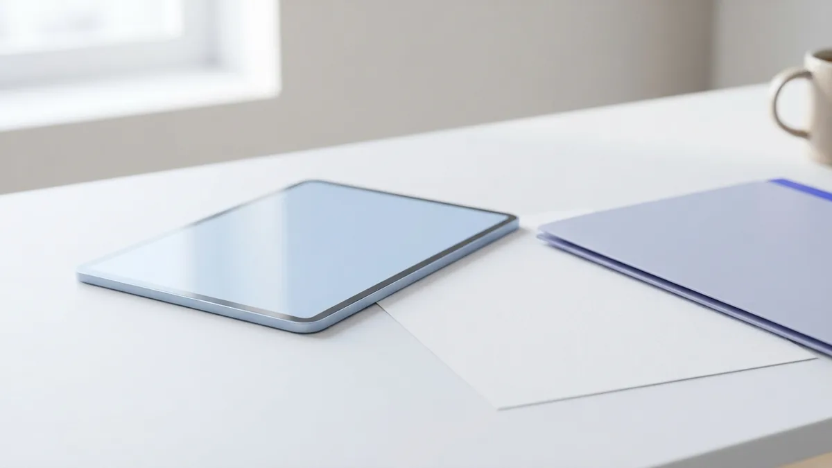 Tablet and blank paper beside a folder, representing an exported PDF file