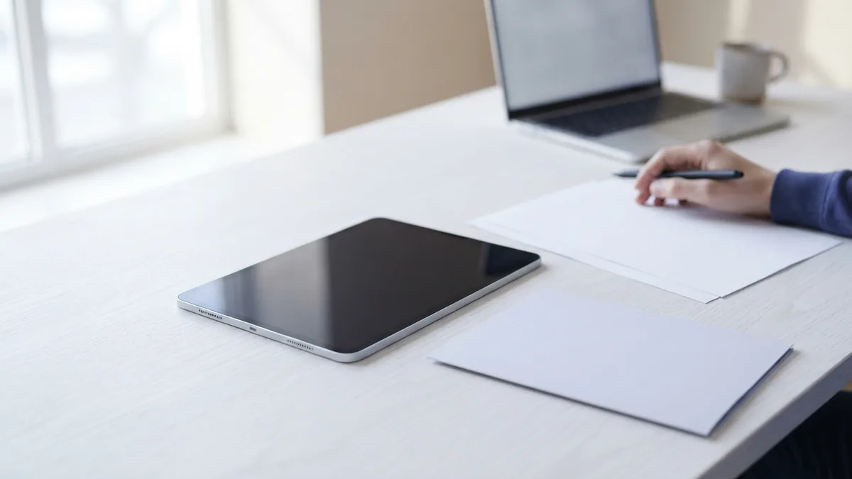 Choosing how to save a PDF Tablet and blank papers on a desk, representing PDF save and copy choices